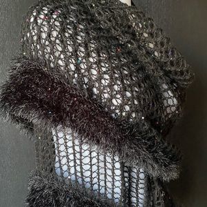 New Hand Knitted Triangle Lace Shawl with faux fur trim and sequins